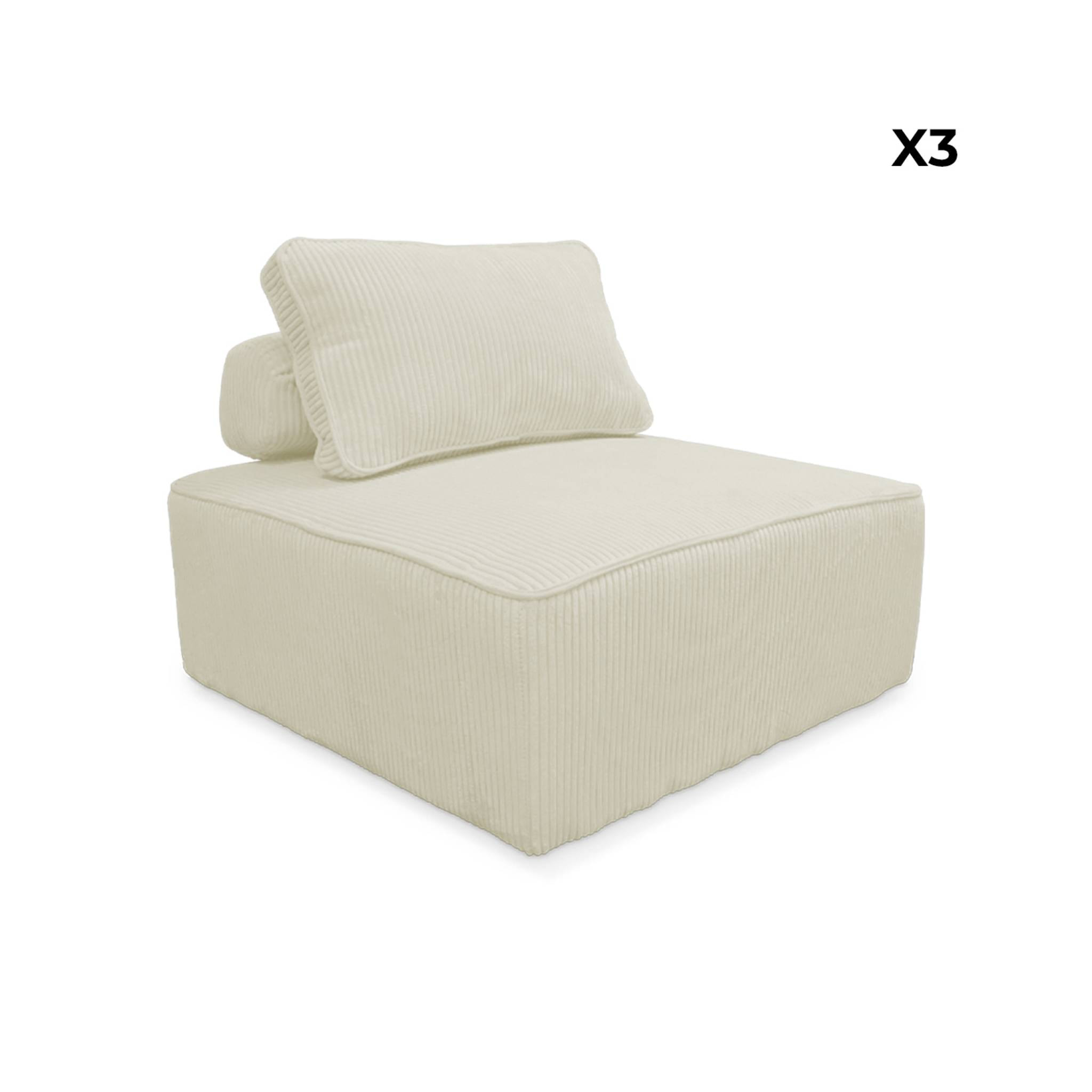 Lot de 3 chauffeuses pour canapé modulables velours côtelé crème avec un coussin