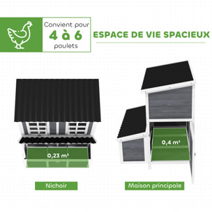 Poulailler cottage en bois 3 pondoirs toit ouvrant porte 2 fenêtres plateau déjection 100x86x100cm gris blanc noir