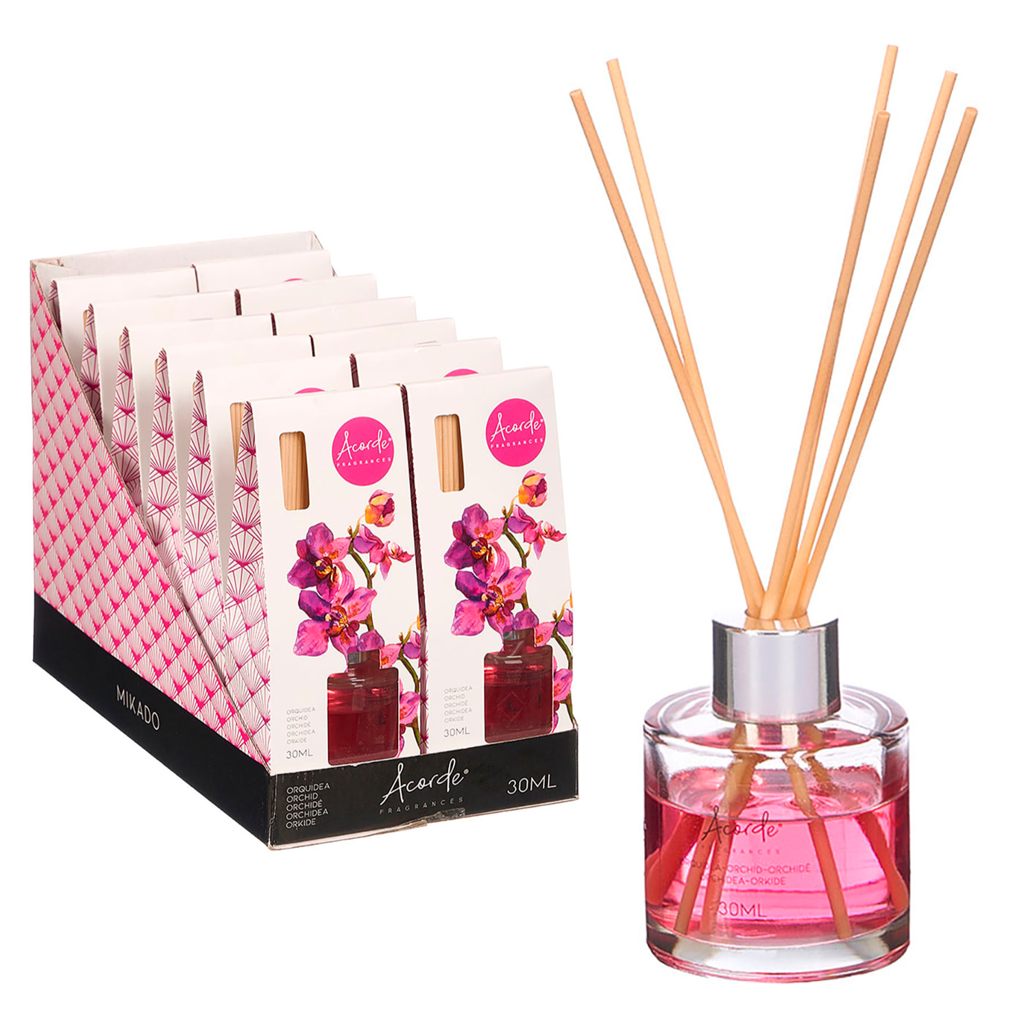 Pacchetto da 12 mikados con profumo di orchidea. Bottiglia da 30ml e 6 bastoncini di fragranza.