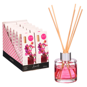 Pacchetto da 12 mikados con profumo di orchidea. Bottiglia da 30ml e 6 bastoncini di fragranza.