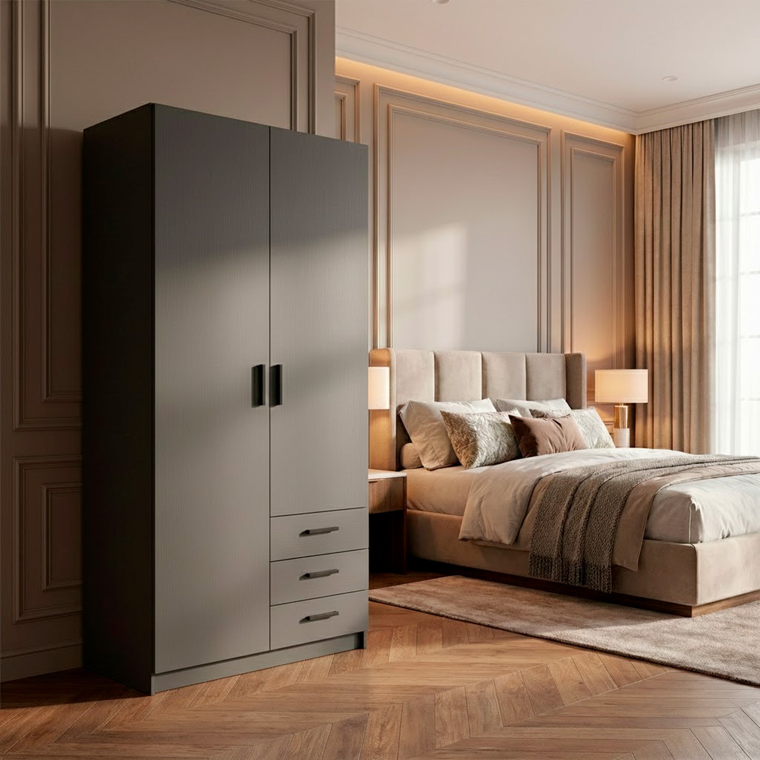 Armadio Con 2 Ante E 3 Cassetti Armadietto Multiuso Con Barra Appendiabiti E 4 Ripiani Di Cui 2 Regolabili Design 98.5x49.8x200.4 Cm Grigio Scuro