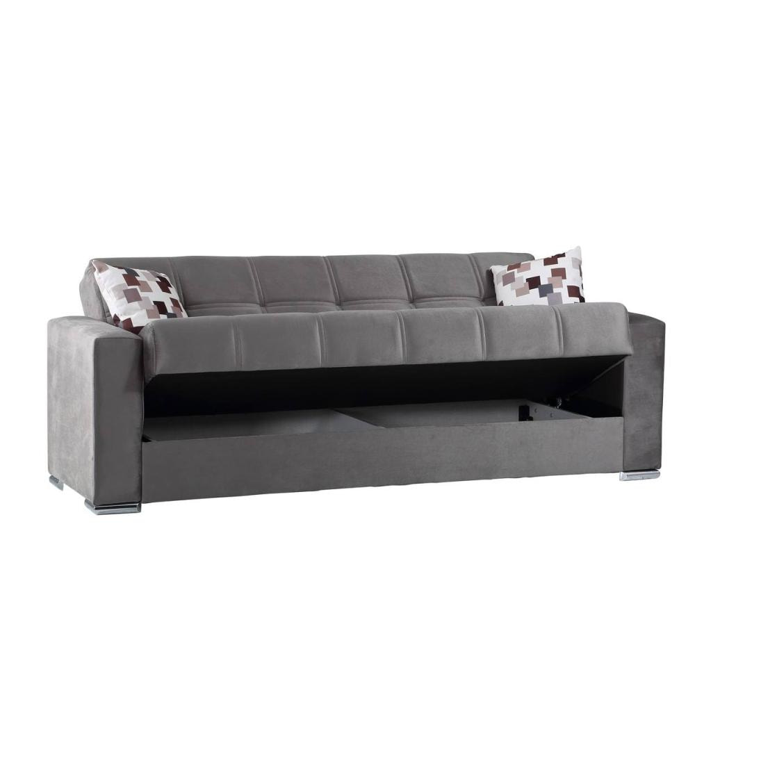 Divano letto Francisco, Divano letto contenitore a 3 posti lineare, Sofà da soggiorno in tessuto imbottito con apertura click-clack, 226x85h91 cm, Grigio