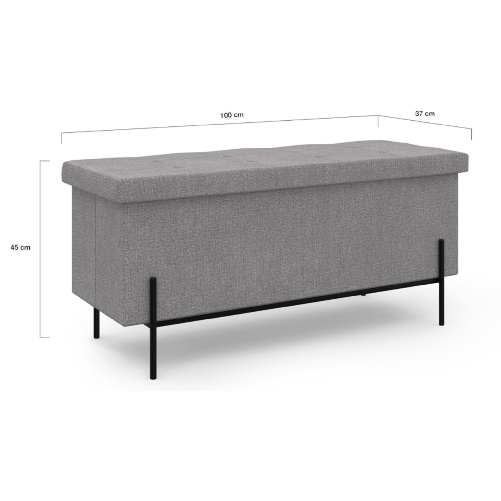 Banc coffre avec pieds noirs Loan en tissu gris 100cm