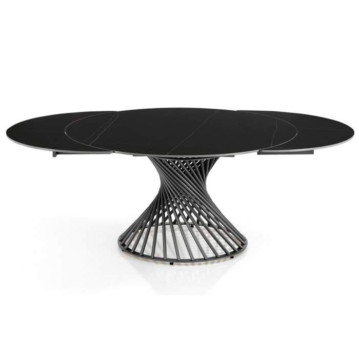 Table à manger ronde extensible Tomasucci JORUM, céramique effet marbre noir, piètement gris, Ø 120/180 cm