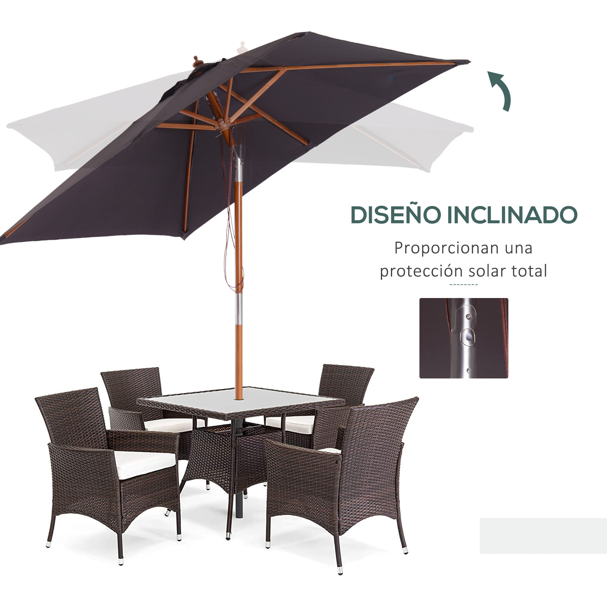 Sombrilla Terraza Exterior 200x150 cm Sombrilla de Jardín Rectangular con Ángulo Ajustable Mástil de Madera y Manivela Parasol para Patio Terraza Gris Oscuro