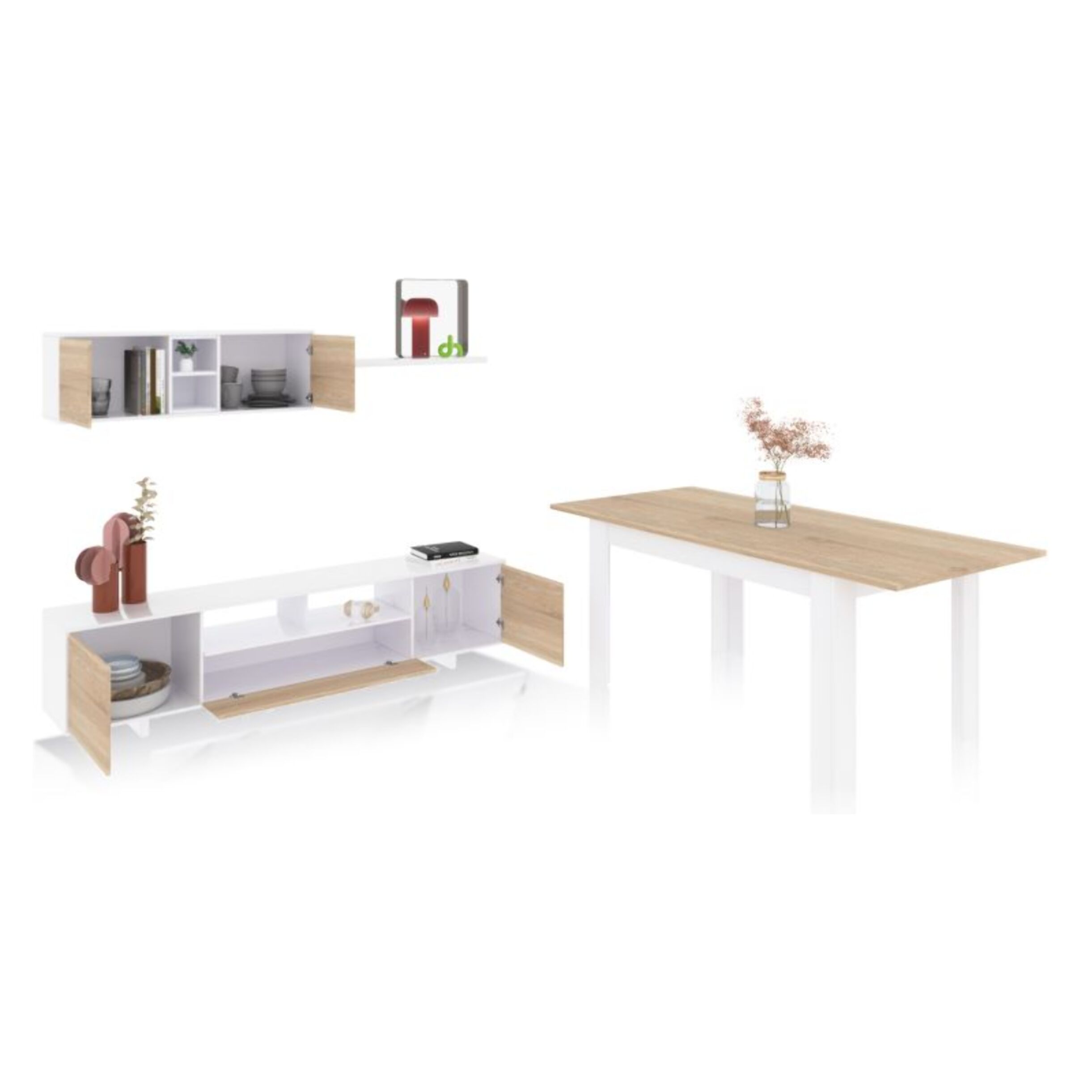 Pack salón con mesa de comedor Kenzo Plus VA Blanco Artik (Blanco Mate) - Roble Canadian