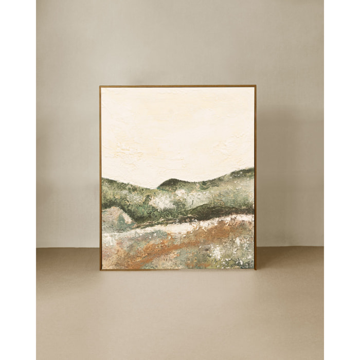 Tableau beige et vert décoratif sur coton avec cadre en bois peint à la main à la peinture à l'huile en différentes tailles
