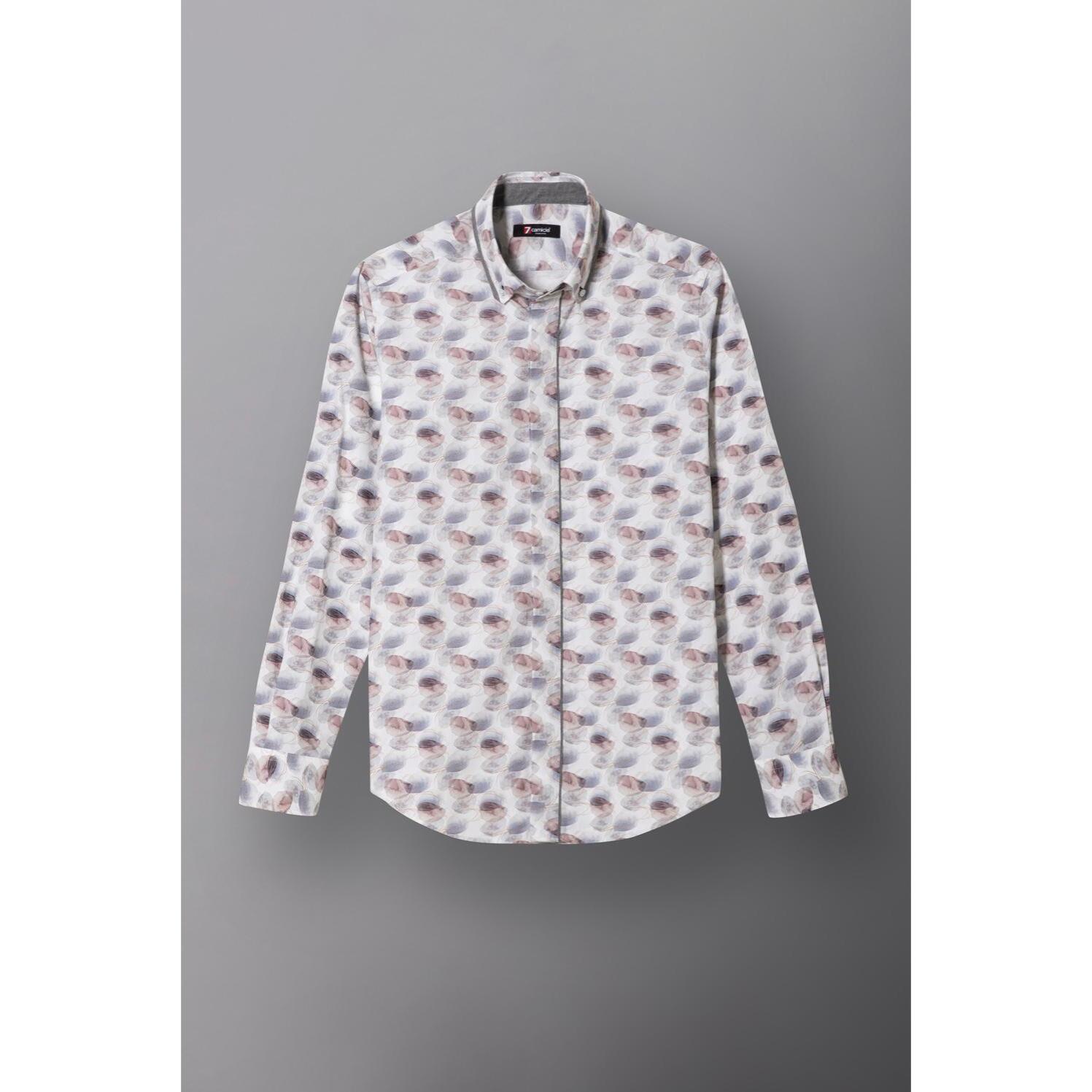 Camicia Uomo 2bottoni Button Down Doppio Collo Slim Popeline Stampato Bianco/Grigio Chiaro