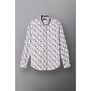 Camicia Uomo 2bottoni Button Down Doppio Collo Slim Popeline Stampato Bianco/Grigio Chiaro
