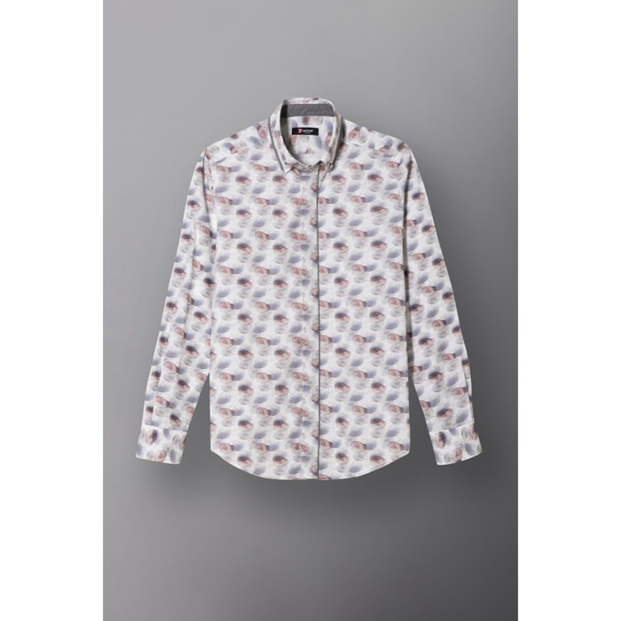 Camicia Uomo 2bottoni Button Down Doppio Collo Slim Popeline Stampato Bianco/Grigio Chiaro