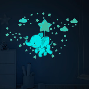 Sticker phosphorescent lumineux - ÉLÉPHANTS JOYEUX DANS LES NUAGES + 120 ÉTOILES