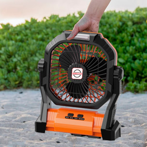 Ventilatore P50 con motore senza spazzole, LED con 8 luci, 4 velocità, 3 livelli di luce. Angolo regolabile di 180º, gancio per appendere e powerbank da 7800 mAh.