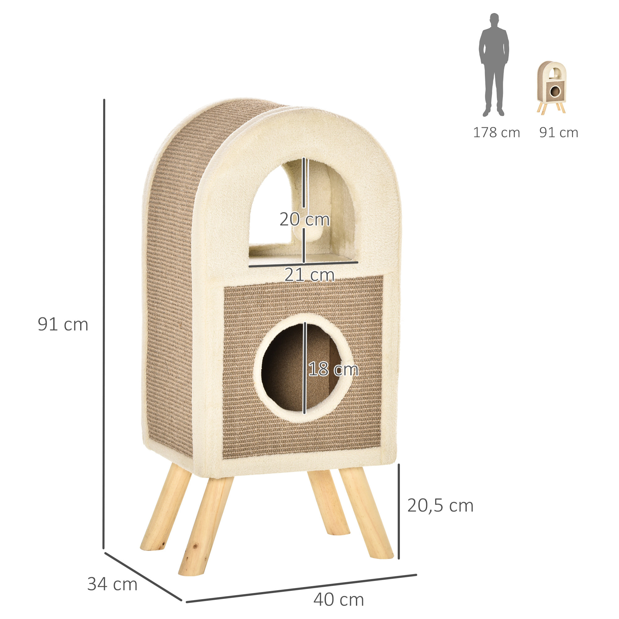 Árbol Rascador para Gatos de 2 Niveles con Cueva de Sisal Natural y Felpa Puerta Arqueada Bola de Juguete y 4 Patas Elevadas de Madera 40x34x91 cm Café