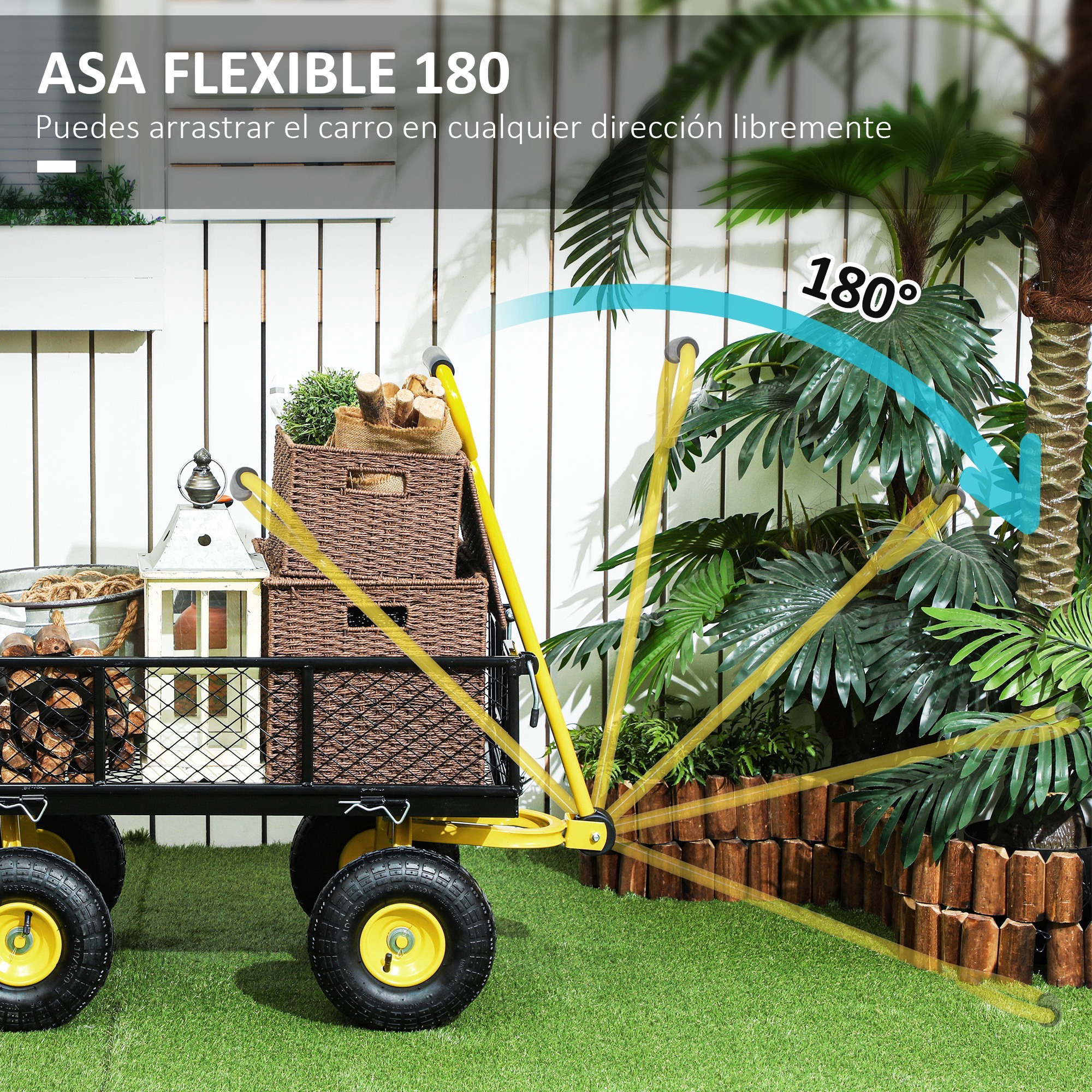 Carro de Jardín Basculante Carga 200 kg Carro para Playa con Paneles Laterales Desmontables Mango Giratorio de 180° y 4 Ruedas Neumáticas Grandes de Goma Negro y Amarillo