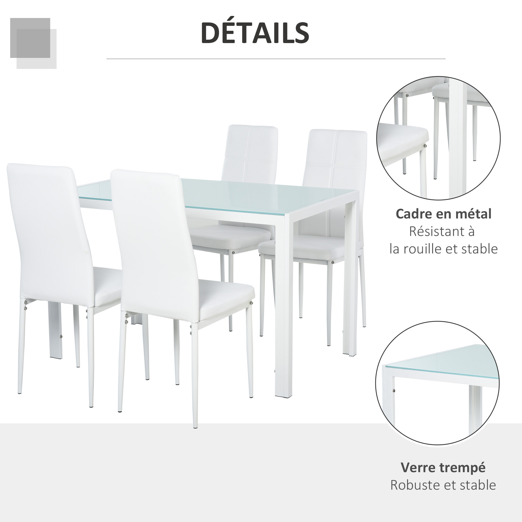 Ensemble table à manger rectangulaire et 4 chaises grand confort métal blanc plateau verre trempé 8 mm