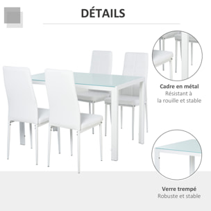 Ensemble table à manger rectangulaire et 4 chaises grand confort métal blanc plateau verre trempé 8 mm