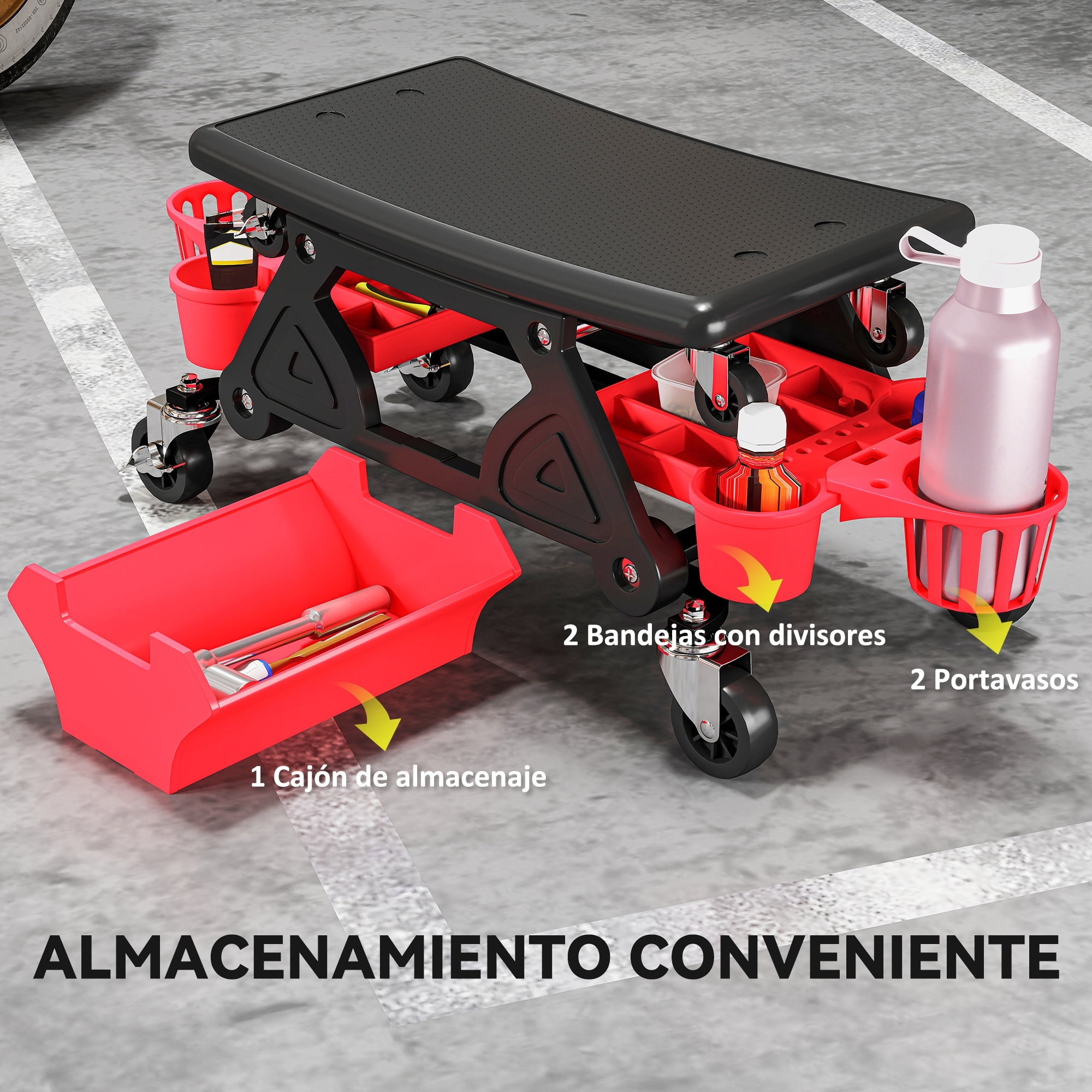 Taburete de Taller Giratorio con Ruedas Altura Ajustable Asiento Taburete para Mecánico con 2 Bandejas para Herramientas Portavasos Cajón Carga 135 kg para Garaje Reparación de Automóviles Rojo