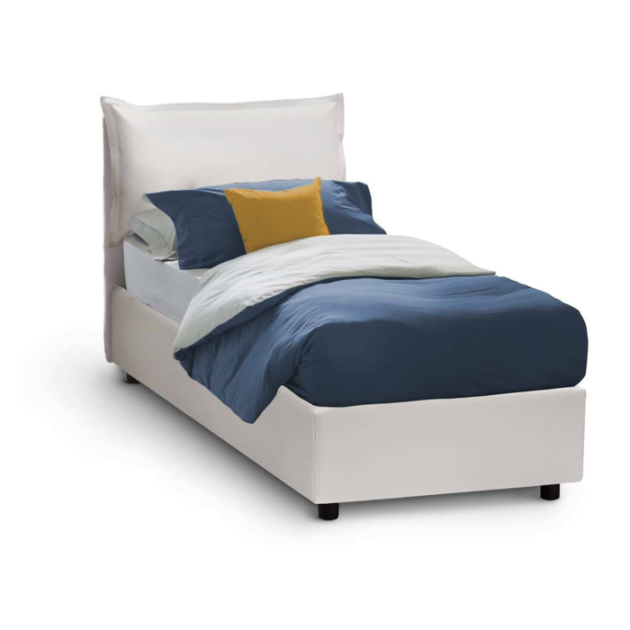 Letto singolo Perpetue, Letto contenitore con rivestimento in ecopelle, 100% Made in Italy, Apertura frontale, adatto per materasso Cm 80x200, Bianco
