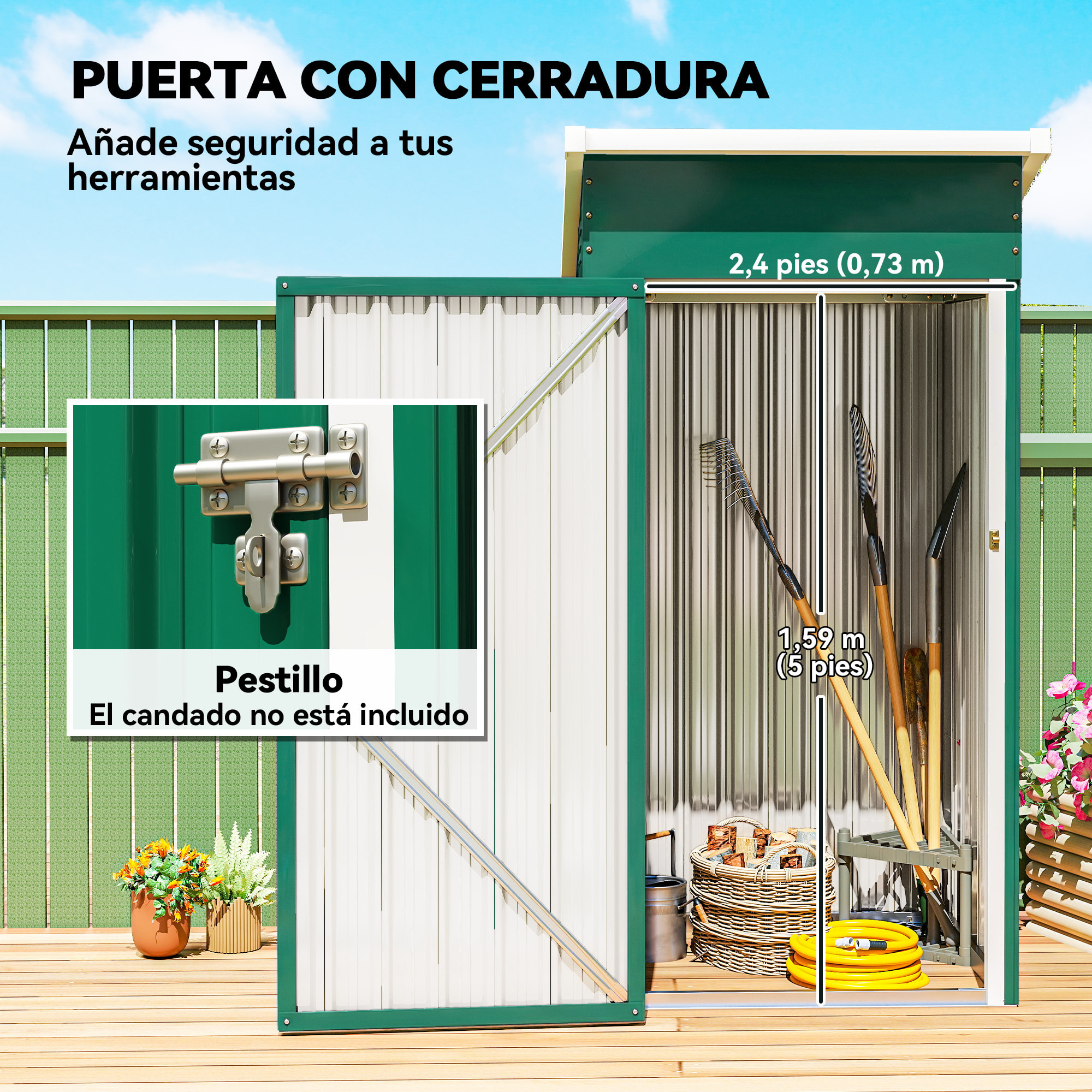 Caseta de Jardín Exterior 0,74 m², 107,5x91x185 cm, Cobertizo de Jardín Exterior Metálico con Techo Inclinado, Puerta con Cerradura y Ventilaciones para Almacenamiento de Herramientas, Verde