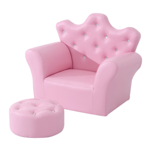 Ensemble fauteuil et pouf enfant design couronne de princesse - dossier et assise pouf avec boutons strass aspect cristaux - structure bois revêtement synthétique PVC rose