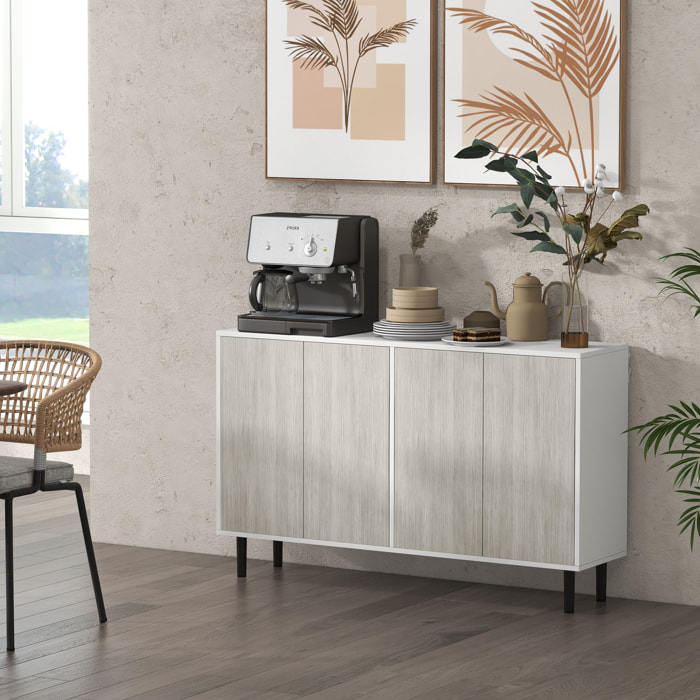 Buffet design contemporain - 4 portes, 2 étagères - dim. 121L x 37l x 75H cm - piètement effilé pin noir blanc aspect bois gris