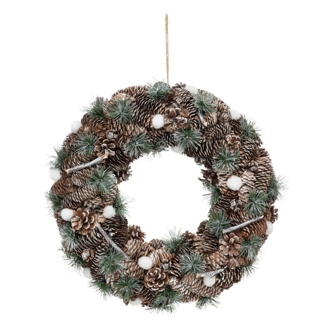 Couronne avec pommes de pin et branches pailletées 50cm