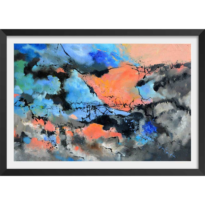 Affiche abstraite ocre et bleu provence Affiche + cadre en bois - Noir