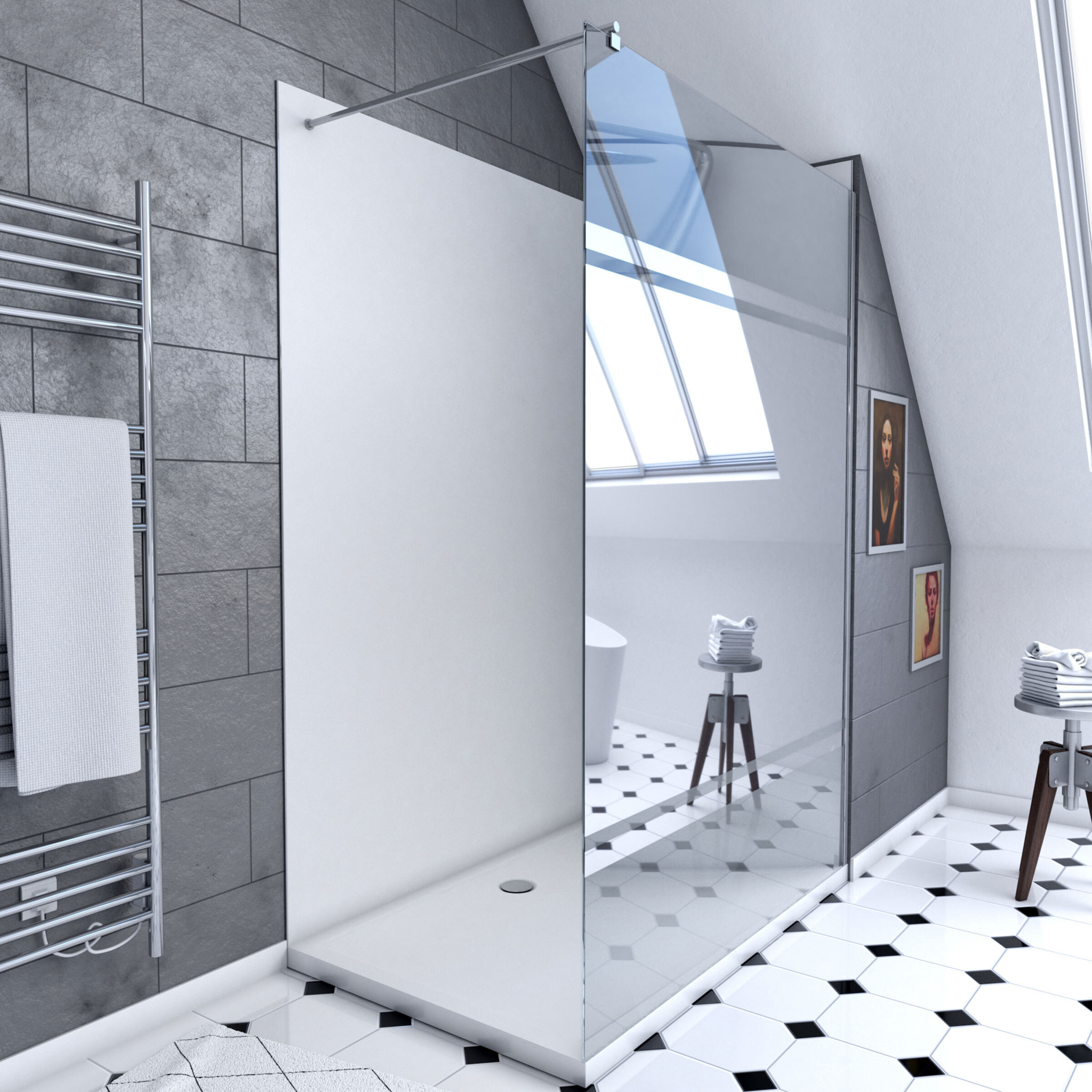 Pack douche à l'Italienne 90x120 - Kit Panneaux muraux Blanc/Chrome + receveur + Paroi Miroir 8 mm