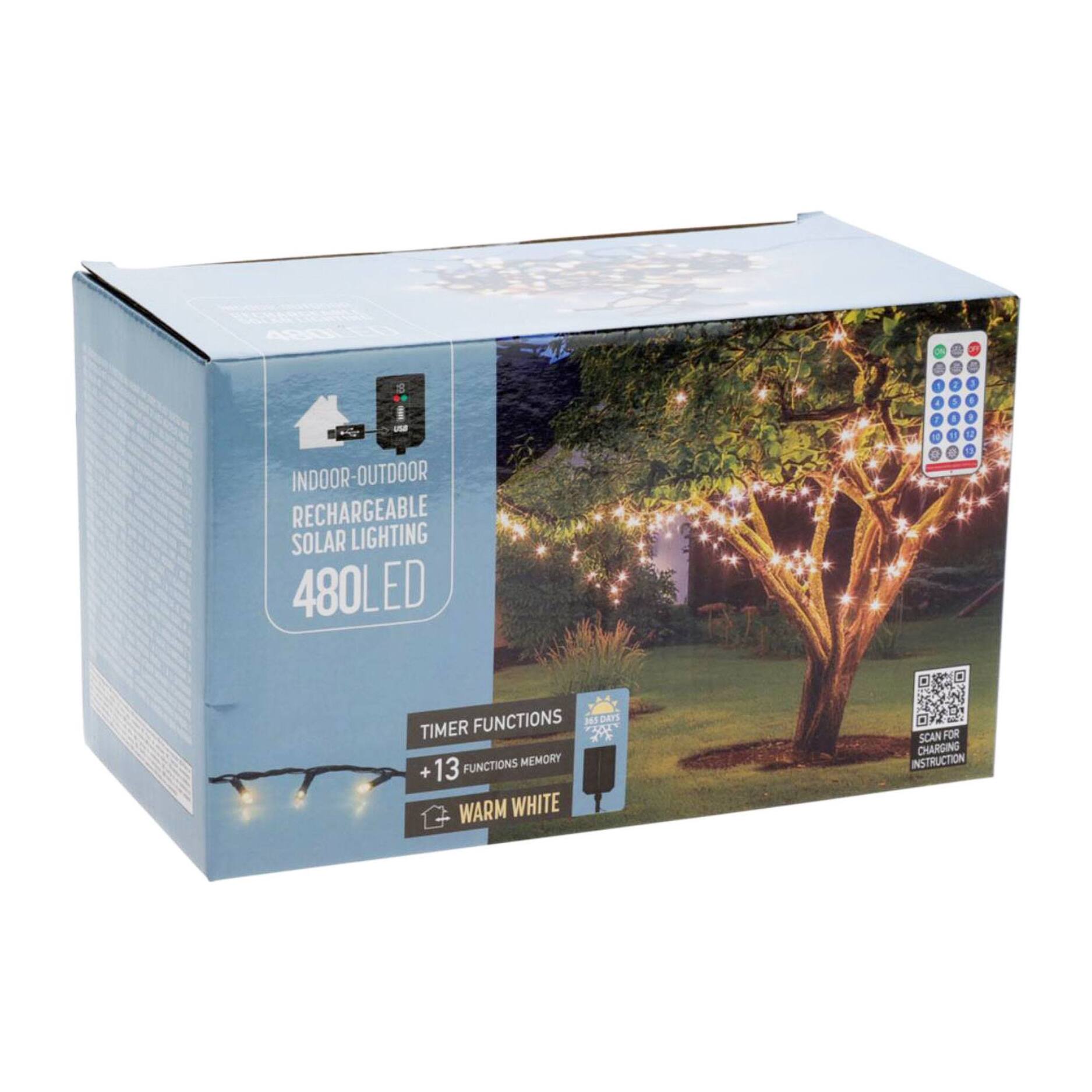 guirnalda con 480 luces led blanco cálido y control remoto con 13 funciones y temporizador