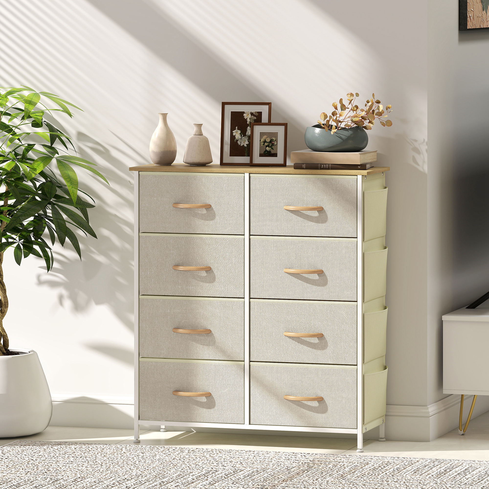 Commode 8 tiroirs en tissu beige 4 poches 2 crochets acier blanc effet bois