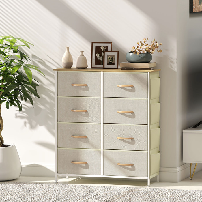 Commode 8 tiroirs en tissu beige 4 poches 2 crochets acier blanc effet bois