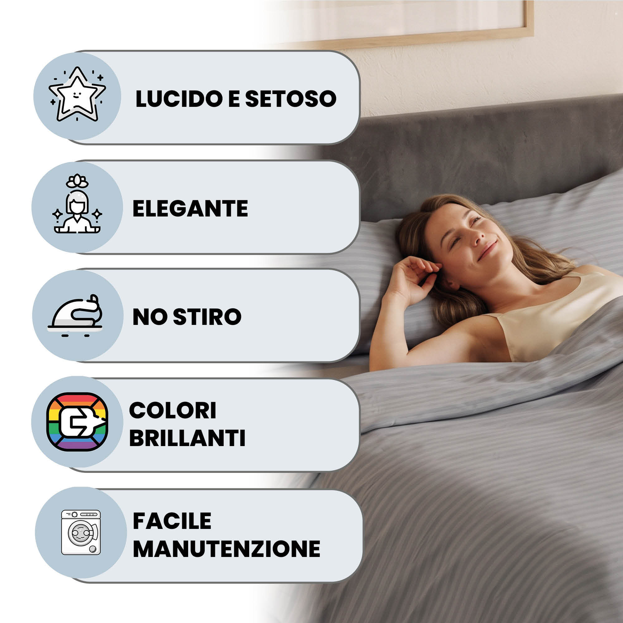 PARURE COPRIPIUMINO SATIN STRIPES, 100% Raso di Poliestere, Made in Italy, No Stiro - GRIGIO