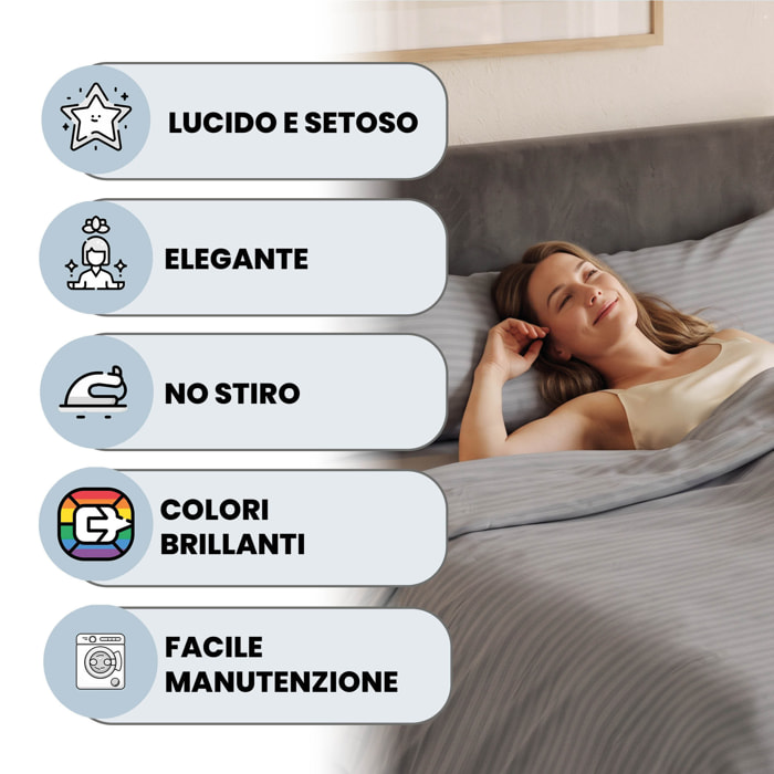 PARURE COPRIPIUMINO SATIN STRIPES, 100% Raso di Poliestere, Made in Italy, No Stiro - GRIGIO