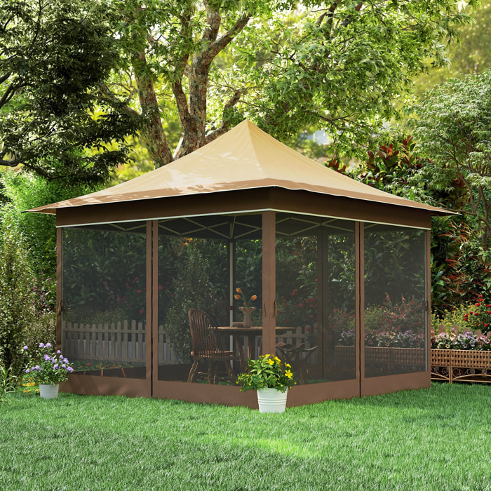 Tonnelle barnum pliable pop up style colonial 3,5 x 3,5 m - hauteur réglable - 4 moustiquaires, sac de transport - marron beige