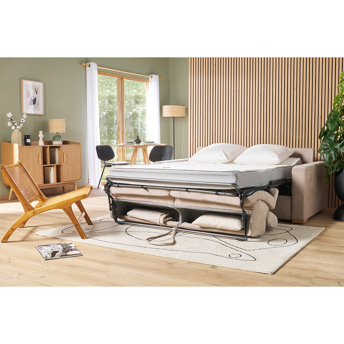 Canapé convertible avec têtières ajustables 3 places en tissu bleu canard avec matelas 18 cm NORO
