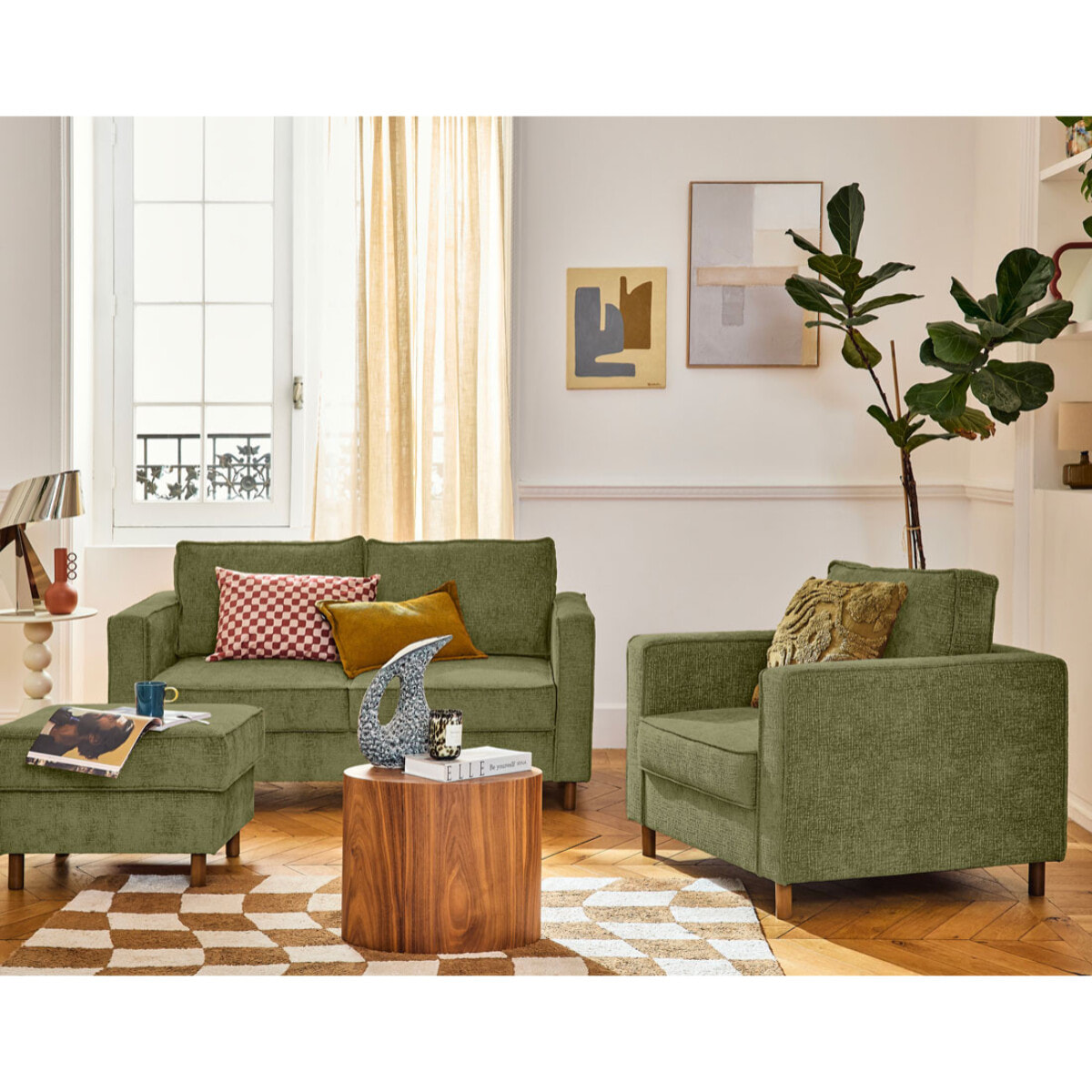 Jake - pouf en tissu velours relief - pieds en bois foncé - Vert