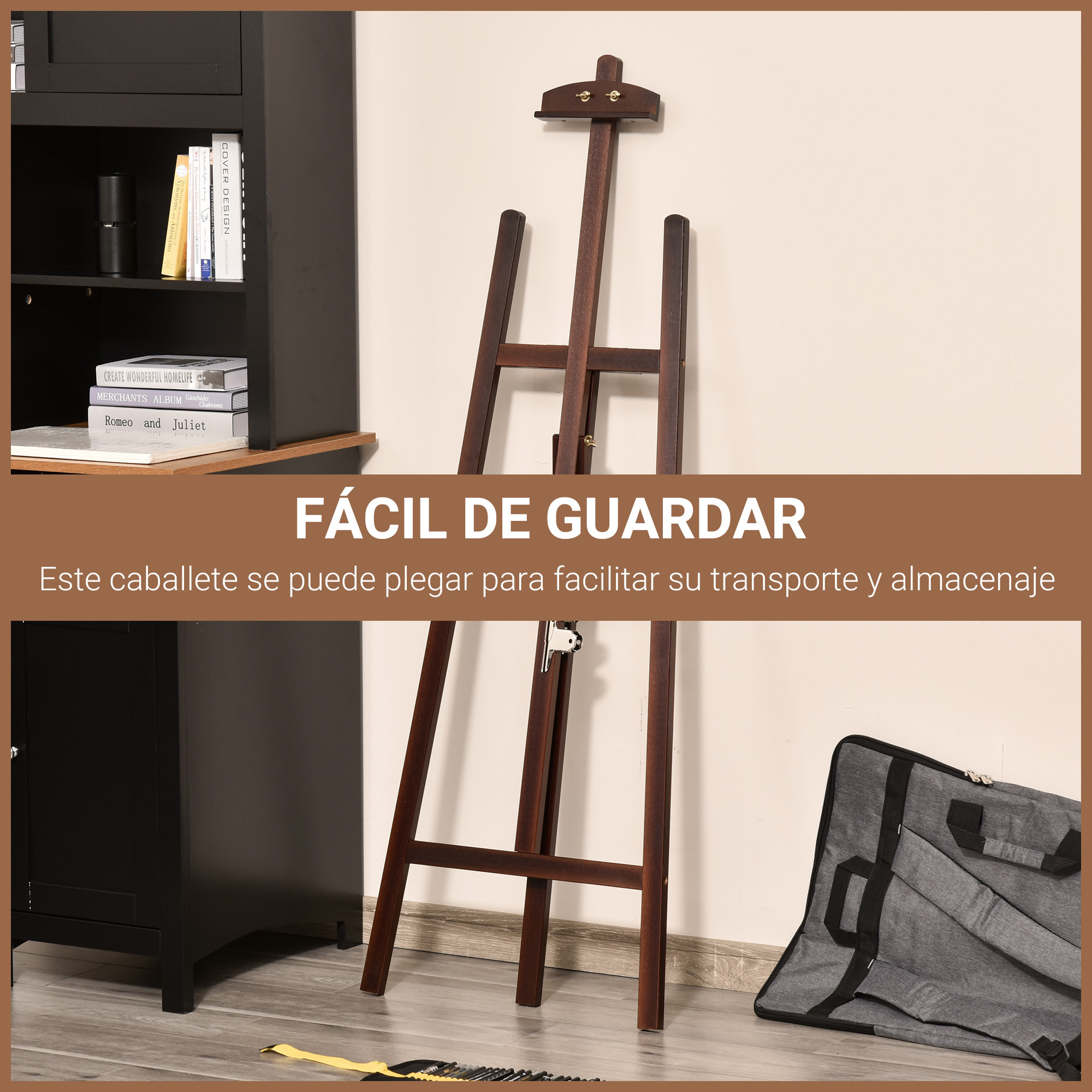 Caballete de Pintura de Madera Caballete de Dibujo con ángulo Ajustable de 75° Soporte Trípode y Pincel para Lienzos 51,5x71,5x134,5 cm Café