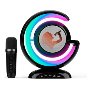 Altavoz karaoke con diseño moderno G, luces LED dinámicas y sonido optimizado con DSP. Incluye micrófono multifunción con cancelación y efectos de voz.