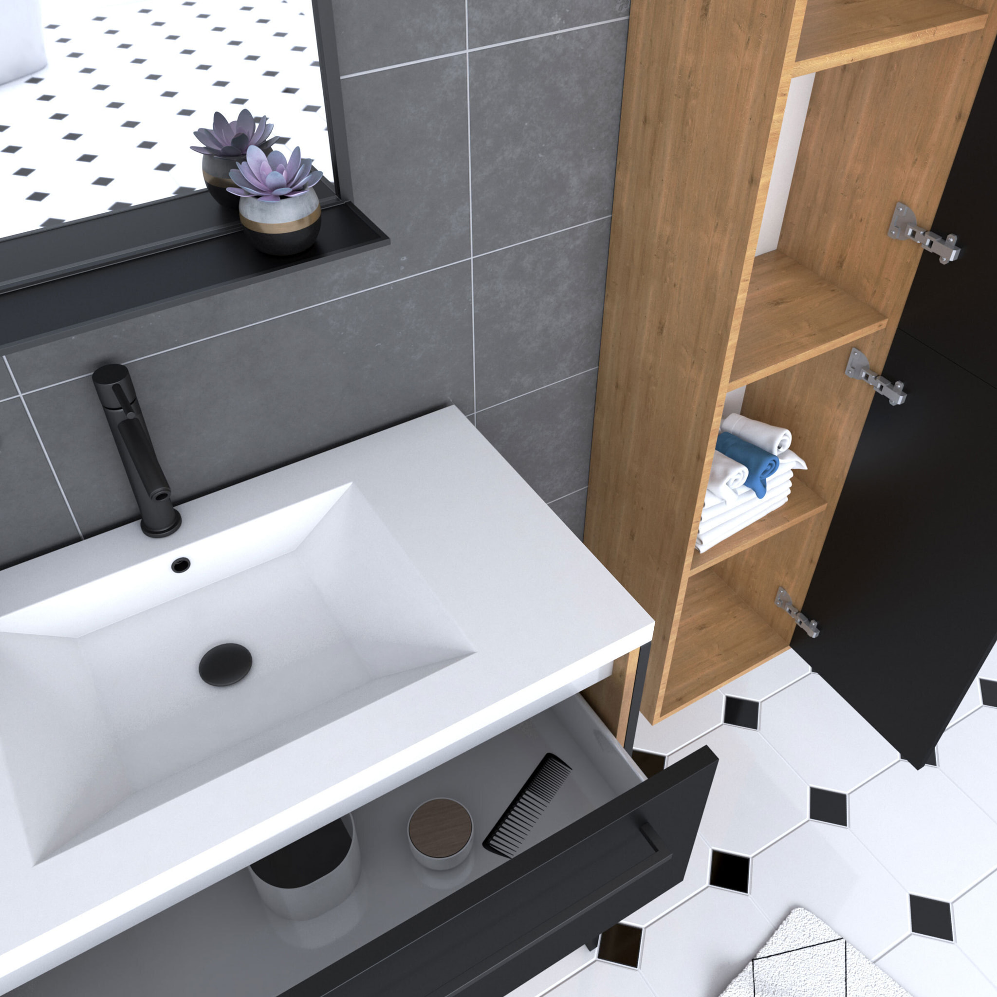 Meuble de salle de bain 80x50cm - vasque blanche 80x50cm -tiroirs noir mat + colonne + miroir