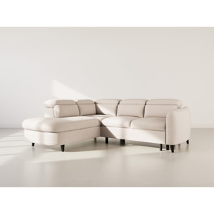 Opaline - Canapé d'angle gauche 5 places convertible avec têtières et coffre en tissu texturé - Beige