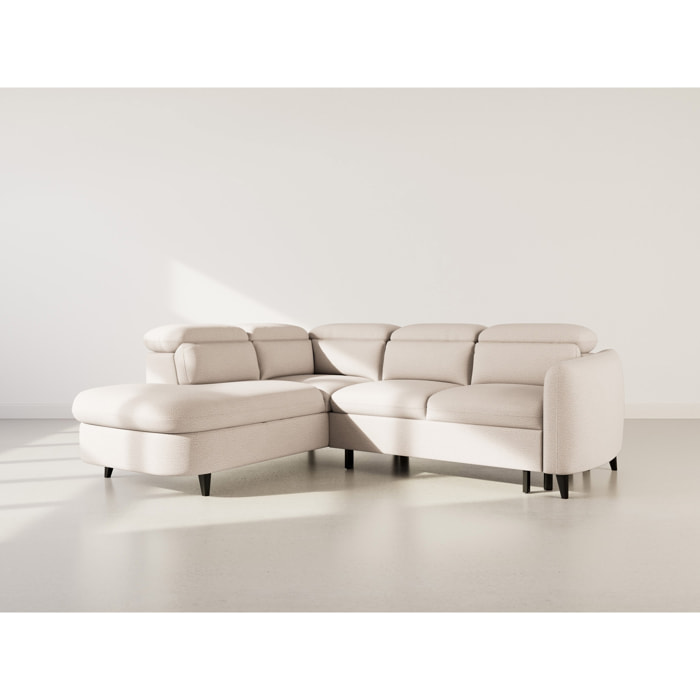 Opaline - Canapé d'angle gauche 5 places convertible avec têtières et coffre en tissu texturé - Beige