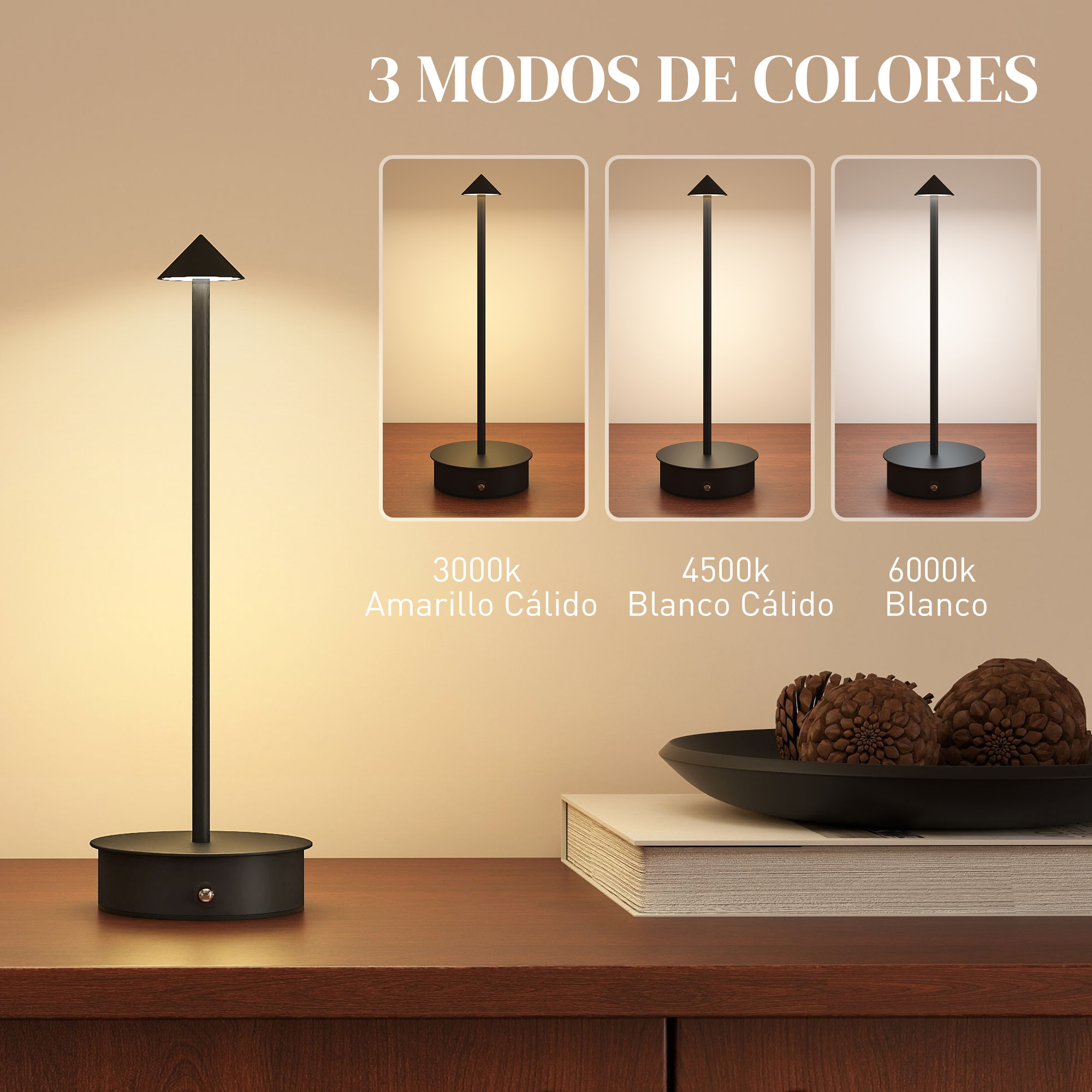 Juego de 2 Lámparas de Mesa Recargables por USB, Lámparas de Mesita de Noche Regulables con Control Táctil, 3000K/4500K/6000K, Luz LED Incluida, para Dormitorio, Salón u Oficina, Negro