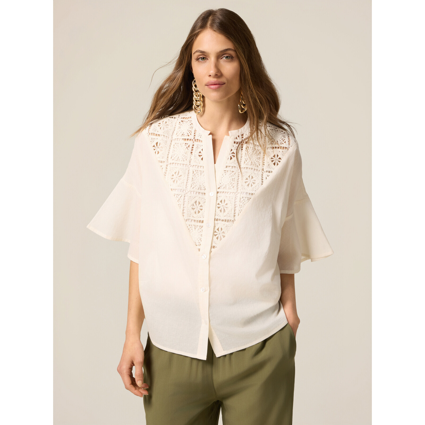 Oltre - Camisa con inserto de encaje - Blanco