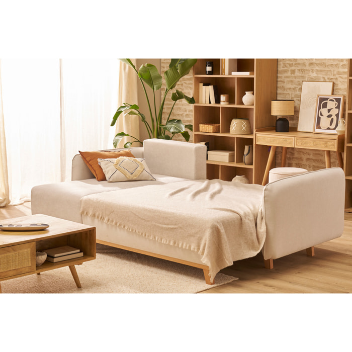 Canapé d'angle convertible et réversible 3-4 places en tissu effet velours beige et bois clair ROMANE