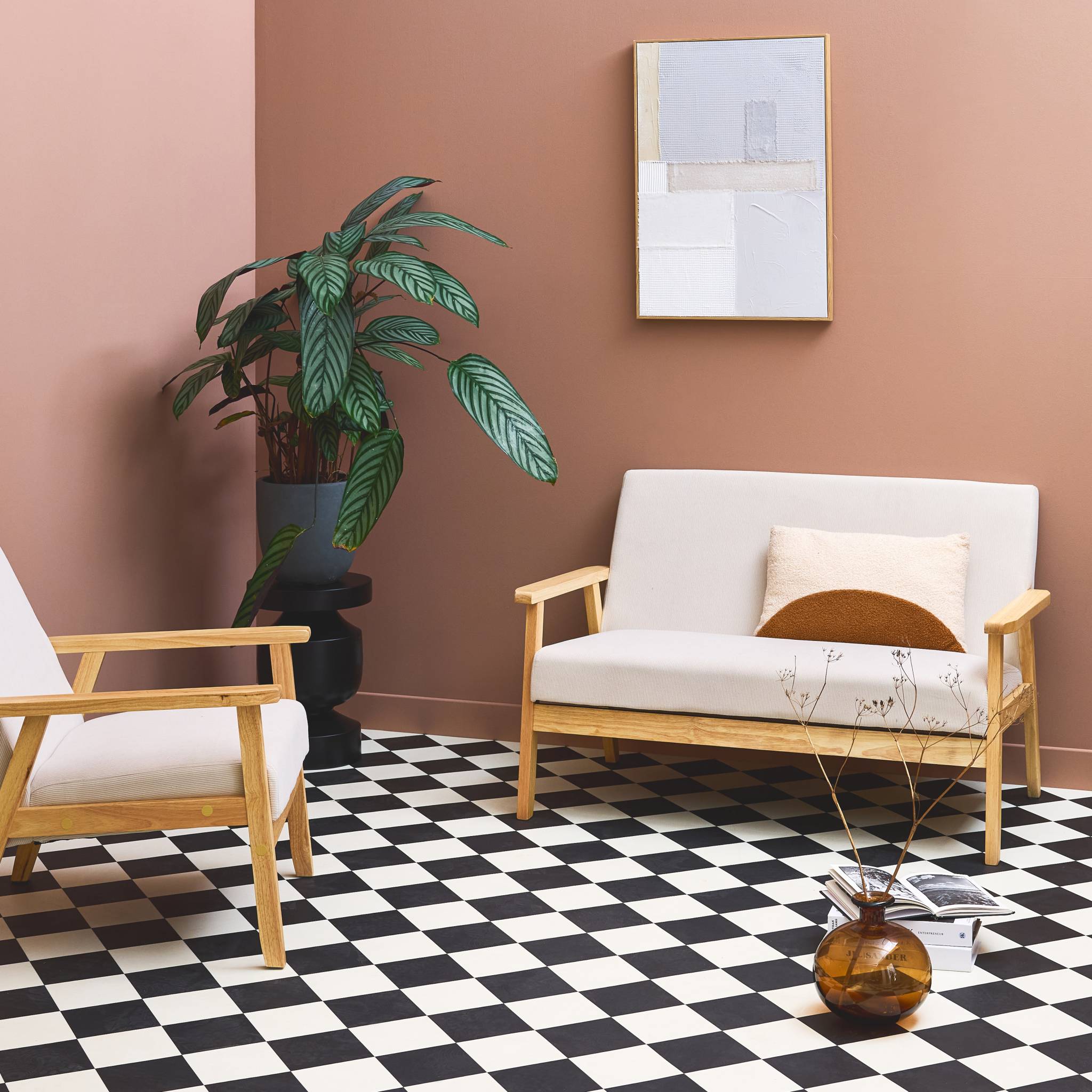 Canapé banquette 2 places + Fauteuil velours côtelé. pieds bois. crème