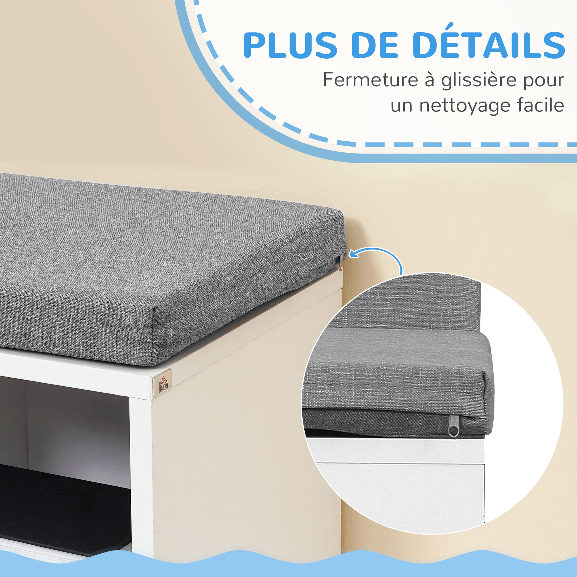 Bibliothèque banc 2 en 1 design contemporain 5 casiers 2 coussins fournis 108L x 30l x 60H cm blanc gris chiné