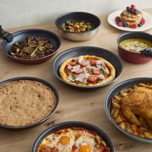 juego de 2 sartenes ø22cm y ø26cm + mango ergonómico extraíble en aluminio prensado