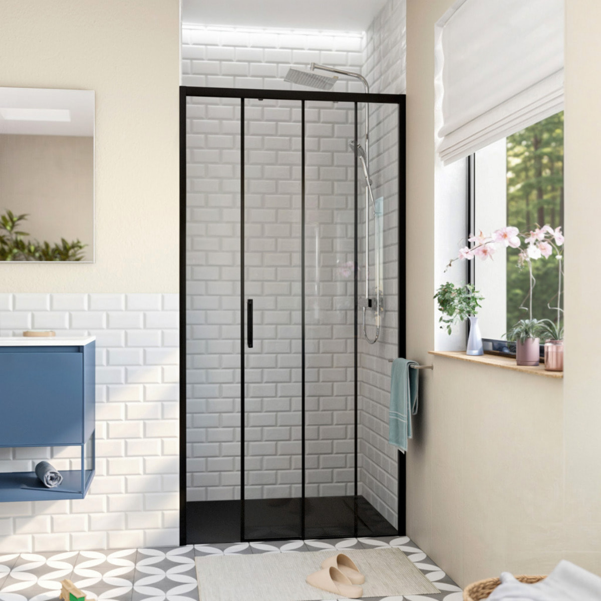 TEX BB Porte de douche 100x195cm coulissante anticalcaire avec profilés noir mat  (TEXDBB100CT-SET)