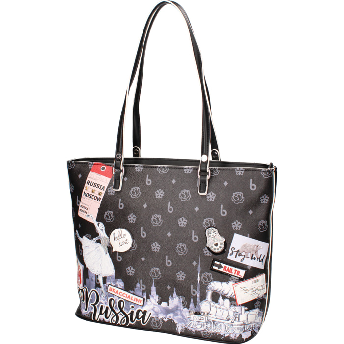 Borsa shopping con chiusura zip. Misura media. Realizzate in buccia d’arancia con uno sfondo monocolore. 45,5x33x17 cm