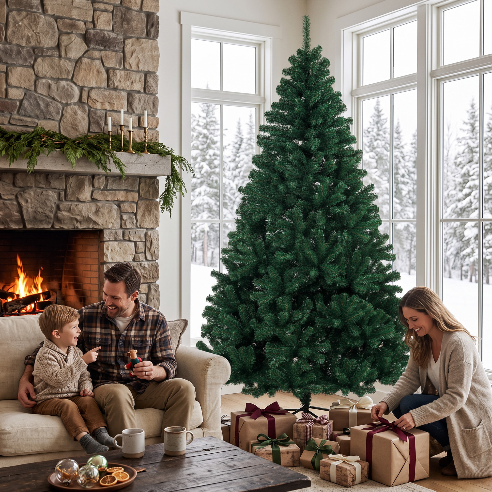 Árbol de Navidad Artificial de 230 cm, Árbol de Navidad de Abeto con Ramas Articuladas, 1300 Puntas de PVC Ignífugo, Montaje Rápido, Soporte de Acero Plegable, Verde